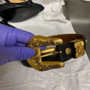 Black Croc-Embossed Leather Belt with Ornate Gold Buckle